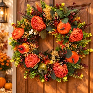 May include: A decorative autumn wreath featuring vibrant orange peonies, small pumpkins in orange and green, dark berries, and various green and yellow foliage. The arrangement is circular and dense, showcasing a mix of textures and fall-inspired colors.