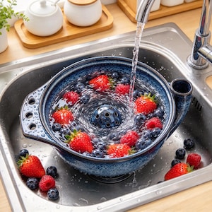 May include: A blue ceramic colander bowl with a speckled finish, featuring a central perforated dome and side handle with three holes, filled with fresh strawberries and blueberries being rinsed under a stainless steel kitchen tap stream.