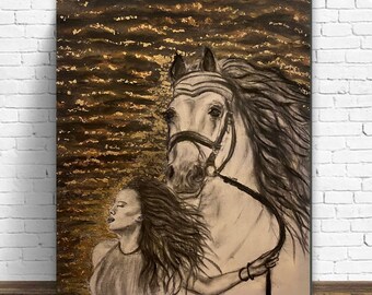 20 x 24 Hand-painted Original modern art charcoal and gold metallic female & horse painting, Affordable Art Collectible, Modern Home decor,