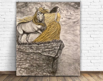 20 x 24 Hand-painted Original modern art charcoal and gold metallic female & horse painting feminine power. Metaphysical home decor,