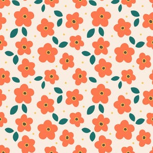 May include: A repeating pattern featuring five-petaled orange flowers with dark centres, interspersed with dark teal leaves and small yellow dots on a light cream background. The design is uniform and covers the entire surface of the image.