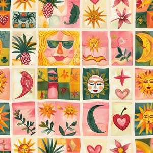 May include: A repeating pattern fabric featuring a grid of squares with illustrations of suns, moons, faces with sunglasses, pineapples, birds, hearts, and botanical elements in shades of yellow, pink, green, and red on a cream background.