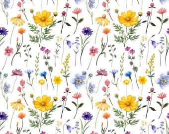 Tela con estampado de flores silvestres en acuarela, delicado material floral para proyectos de costura, regalo para artesanos, corte de medio metro, 140 cm de ancho.