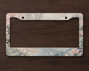 Japanese Wabi Sabi Floral License Plate Frame, Sakura Mountain Art (USA Made)