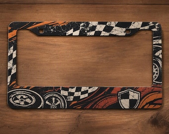 Vintage Racing Checkered Flag License Plate Frame, USA Made Auto Accessory