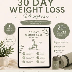 Puede incluir: Una guía digital de programa de pérdida de peso de 30 días en la pantalla de una tableta. El documento incluye texto, un dibujo lineal de una persona haciendo ejercicio e iconos para planes de entrenamiento, guías nutricionales y seguimiento.