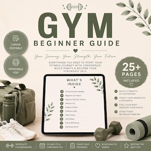 Może przedstawiać: Cyfrowy przewodnik dla początkujących na siłowni wyświetlony na ekranie tabletu, z tekstem GYM BEGINNER GUIDE, WHAT'S INSIDE oraz 25+ PAGES INCLUDED. Projekt zawiera oliwkowozielone akcenty, ilustracje liści, hantel, bidon i matę do jogi.