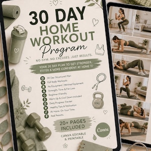 Puede incluir: Un programa digital de entrenamiento en casa de 30 días mostrado en la pantalla de una tableta. El documento incluye texto, iconos e ilustraciones de equipos de fitness como mancuernas, una pesa rusa y una cuerda para saltar.