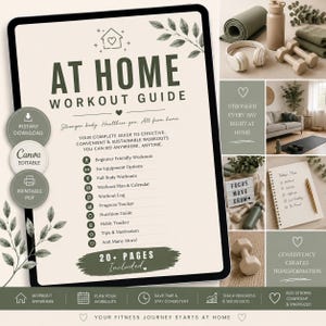 Pode incluir: Um guia digital de exercícios em casa sobre um fundo bege com texto verde escuro e ilustrações de folhas. O documento inclui seções para exercícios de iniciantes, nutrição, rastreamento de hábitos e um calendário de treino com mais de 20 páginas.