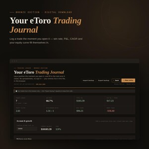 May include: A digital trading journal interface titled Your eToro Trading Journal, featuring a dark theme with bronze text. The dashboard displays financial metrics including win rate, profit factor, total P&L, and account growth statistics.