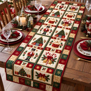 May include: A rectangular quilted table runner featuring a repeating pattern of Christmas motifs including nutcrackers, decorated pine trees, drums, and candy canes with bells. The design uses a festive color palette of red, green, and cream.