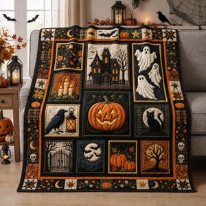 May include: A Halloween-themed quilt featuring a patchwork design with blocks depicting a haunted house, ghosts, a jack-o'-lantern, a black cat, a raven, skulls, pumpkins, bats, and a moonlit gate, all rendered in a palette of orange, black, and cream.