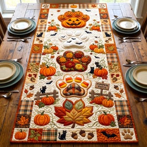 May include: A rectangular fabric table runner featuring a quilted design with pumpkins, paw prints, black cats, bats, acorns, and autumn leaves. The center displays a sign reading PUMPKIN PATCH. The border includes plaid patterns and paw prints.
