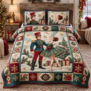 May include: A quilted bedspread and two matching pillow shams featuring a Nutcracker soldier and a ballerina dancing in a snowy forest setting. The design includes Christmas trees, wrapped gifts, and gold snowflakes on a dark green and red border.