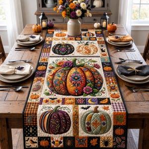 May include: A rectangular quilted table runner featuring a central large pumpkin with intricate floral and mandala patterns, surrounded by smaller pumpkin motifs, bats, spiders, and autumn leaves in orange, purple, green, and black fabric squares.