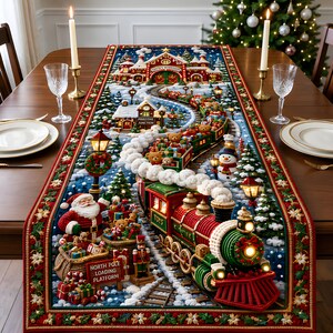 May include: A rectangular Christmas table runner featuring a festive North Pole scene with a steam train, Santa Claus, a snowman, and teddy bears. The design includes a sign reading North Pole Loading Platform and Pinecone Junction.