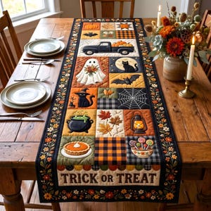 May include: A rectangular quilted table runner featuring a patchwork design with Halloween and autumn motifs including a ghost, black cats, a pumpkin-filled truck, a cauldron, and a lantern, with the text TRICK OR TREAT printed at the bottom.