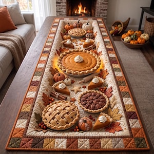 May include: A rectangular quilted table runner featuring a patchwork border in autumn colors of orange, brown, and cream. The center displays various pies, including pumpkin and pecan, topped with whipped cream, alongside small pumpkins and leaves.