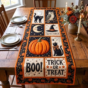 May include: A rectangular quilted table runner featuring a black and orange Halloween theme with panels depicting a ghost, black cat, owl, crescent moon, witch hat, pumpkin, and spider web. The text reads BOO! and TRICK OR TREAT 31 OCTOBER.