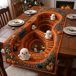May include: A rectangular orange table runner featuring a 3D-effect brick dungeon design with crochet ghosts, pumpkins, mushrooms, and spiderwebs. The runner displays a deep central pit with stairs leading to a small arched door and lanterns.