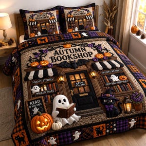 May include: A quilt and two pillow shams featuring an Autumn Bookshop theme with pumpkins, ghosts, a black cat in a witch hat, and text reading Autumn Bookshop, Ghost Stories, Wicked Tales, Spooky Reads, Haunting Good Books, and Read If You Dare.