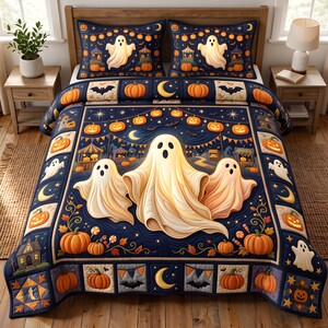 May include: A dark blue bedding set featuring a Halloween theme with three large central ghosts, orange pumpkins, crescent moons, and hanging string lights. The quilt and two matching pillowcases display a repeating pattern of bats, houses, and festive autumn motifs across the fabric surface.