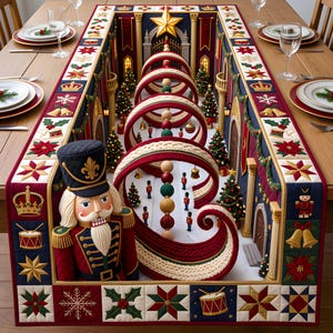 May include: A rectangular table runner featuring a quilted border with Christmas motifs including nutcrackers, crowns, drums, bells, and poinsettias. The center depicts a 3D-style scene with a large nutcracker, swirling ribbons, and miniature trees.
