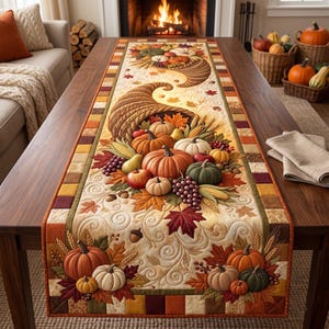May include: A rectangular fabric table runner featuring a quilted design with autumn harvest motifs. The pattern displays cornucopias overflowing with pumpkins, gourds, grapes, apples, and fall leaves in shades of orange, red, green, and brown.