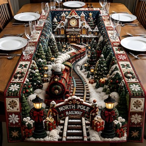May include: A rectangular table runner featuring a detailed North Pole Railway scene with a steam train, snow-covered pine trees, and a station building. The border displays a repeating pattern of snowflakes and wreaths in red, green, and cream colors.