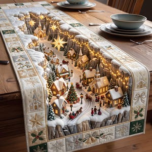 May include: A rectangular table runner featuring a three-dimensional winter village scene with snow-covered houses, a church, evergreen trees, and figures. The scene is illuminated by warm string lights and star-shaped ornaments on a fabric border.