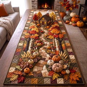 May include: A rectangular quilted table runner featuring a three-dimensional autumn scene with a small cabin, a winding stone path, birch trees, various pumpkins, mushrooms, wheat stalks, and colorful fall leaves in shades of orange, red, and gold.