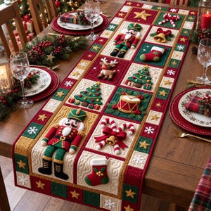 May include: A rectangular Christmas table runner featuring a quilted design with appliqued motifs including nutcrackers, reindeer, Christmas trees, drums, candy canes, stockings, and bells, accented with gold stars and white snowflakes on red and green.