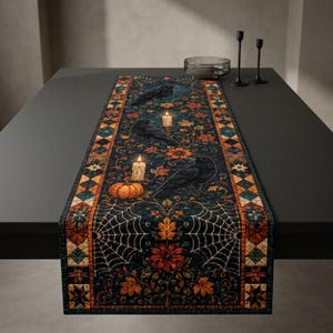 Raven Halloween Table Runner, Gothic Crow Candle Spider Web Decor, Dark Botanical Fall Centerpiece