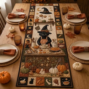 Witch Cat Table Runner, Pumpkin Pie Kitchen and Folk Art Halloween Decor