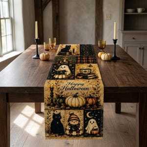 Happy Halloween Table Runner, Black Cat Ghost Pumpkin Decor, Patchwork Farmhouse Fall Centerpiece