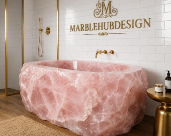 Luxuriöse, freistehende Badewanne aus Rosenquarzkristall, handgefertigt aus natürlichem rosa Stein