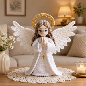 May include: A crocheted angel doll featuring long light brown hair, a gold halo, and large white wings. The doll wears a white gown, has hands clasped in prayer, and holds a delicate gold chain with a small cross pendant hanging from its hands.