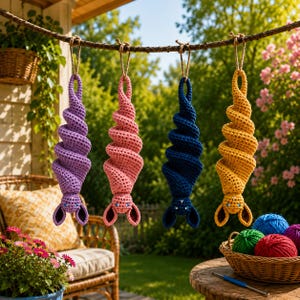 Può includere: Quattro pipistrelli decorativi all'uncinetto nei colori viola, rosa, blu scuro e giallo. Ogni pipistrello presenta un corpo a spirale, due orecchie a punta e piccoli occhi, appesi a un ramo marrone tramite un sottile laccio di spago.