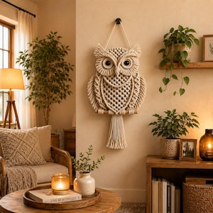 May include: A wall hanging featuring a cream-colored macrame owl with large dark eyes, intricate knotted patterns, and a long fringed tail. The owl is suspended from a wooden dowel by a cord, showcasing detailed fiber art craftsmanship.