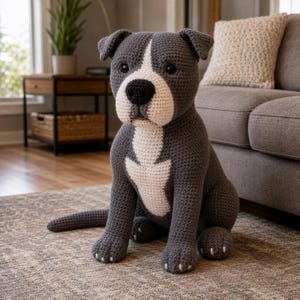 May include: A handcrafted crochet dog figurine in a seated position. The dog features dark gray yarn for the body, ears, and tail, with a white patch extending from the muzzle down the chest. It has black plastic eyes and a black stitched nose.