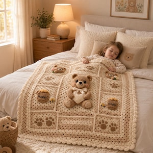 Könnte beinhalten: Eine beige-cremefarbene Häkeldecke mit einem dreidimensionalen Teddybären in der Mitte, der ein Herz hält, umgeben von Quadraten mit Bärengesichtern, Pfotenabdrücken und Honigtöpfen mit der Aufschrift "HUNNY" sowie kleinen angebrachten Bienen.