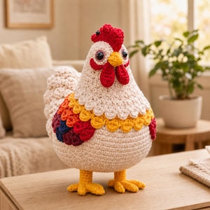 Op de afbeelding: Een gehaakte kip knuffel met een crèmekleurig lichaam, een felrode kam en lellen, en een gele snavel. De vleugels zijn versierd met gelaagde, geschulpte veren in tinten geel, oranje, rood en donkerblauw. Het heeft zwarte ogen.