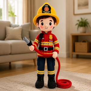 May include: A crocheted doll dressed as a firefighter, wearing a yellow helmet with the text FIRE FIGHTER, a red jacket with yellow and grey reflective stripes, dark blue trousers, and black boots, holding a grey nozzle attached to a red hose.
