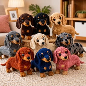 Puede incluir: Una colección de nueve peluches de perro salchicha tejidos a ganchillo en varios colores, incluyendo marrón, negro, beige, gris, azul y rosa. Cada peluche presenta orejas caídas, ojos oscuros y un cuerpo largo, dispuestos en un grupo.