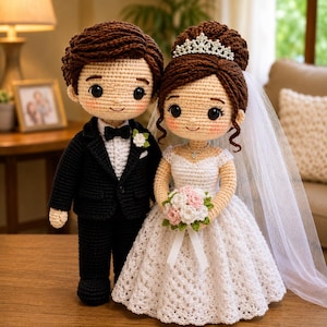 May include: Two crocheted dolls representing a wedding couple. The figure on the left wears a black suit with a white shirt, black bow tie, and a small white flower boutonniere. The figure on the right wears a white dress, veil, and tiara.