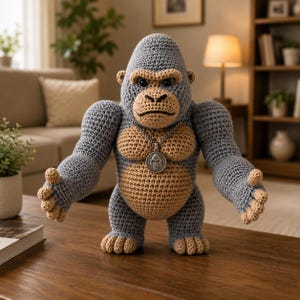 Puede incluir: Un peluche de gorila tejido a ganchillo con hilo gris para el cuerpo y hilo beige para la cara, el pecho y las manos. El gorila lleva un collar de cadena de metal plateado con un colgante circular grabado con un diseño de cabeza de gorila.