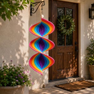 May include: A hanging wind spinner featuring three stacked, spiral-shaped sections in a vibrant rainbow gradient of red, orange, yellow, green, blue, and purple. The object is suspended from a black metal bracket by a silver chain and a white bead.