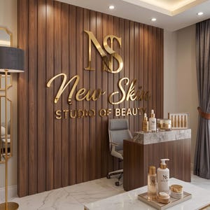 Peut inclure: Un espace d'accueil avec un mur en panneaux de bois foncé et des lettres dorées en relief indiquant New Skin STUDIO OF BEAUTY. Une chaise de bureau grise se trouve derrière un comptoir en marbre avec des flacons, et un plateau de produits.
