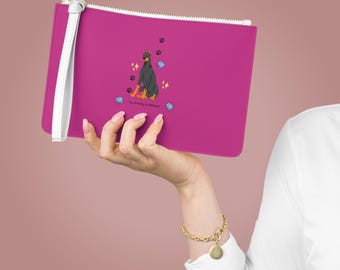 Doberman Illustration Clutch Bag | Pink paw print design