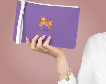 Golden Retriever Illustration Clutch Bag | Sun Puppy Graphic, Purple Wristlet